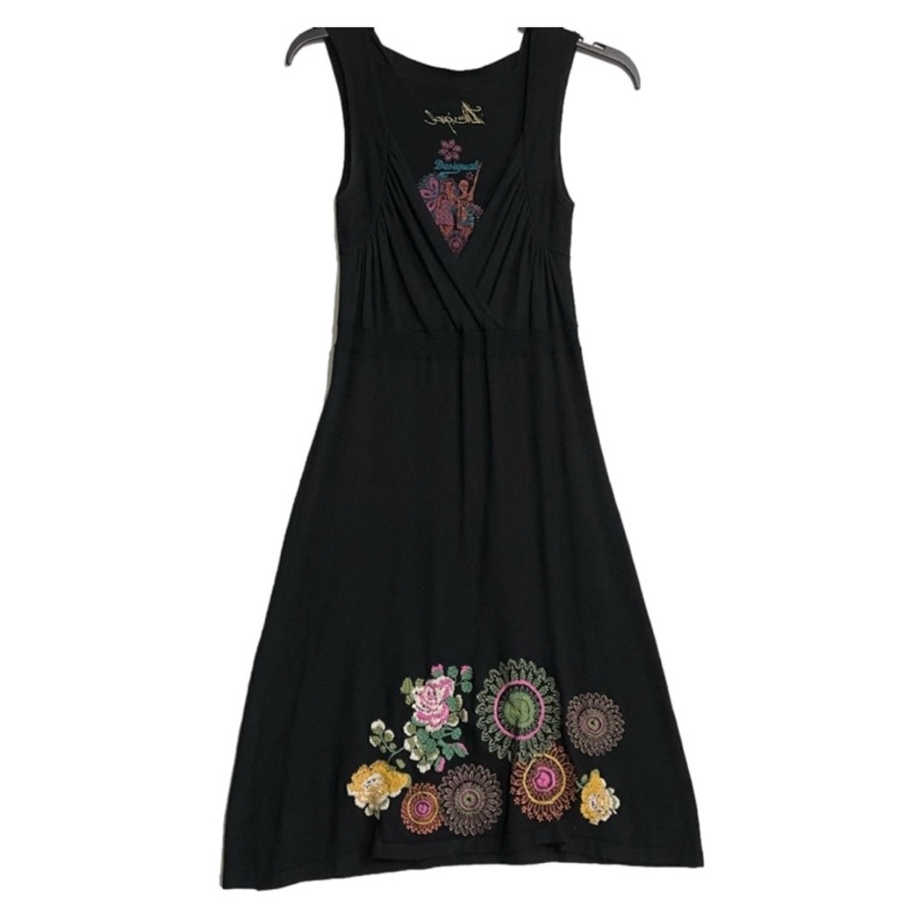 Desigual Black Sweater Dress Embroidered Flowers Small